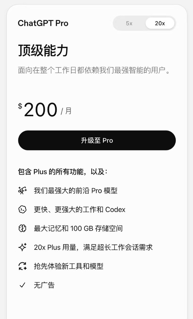 图1：具备 Pro 20x 购买资格时，付款页显示 200 美元每月，并可升级至 Pro